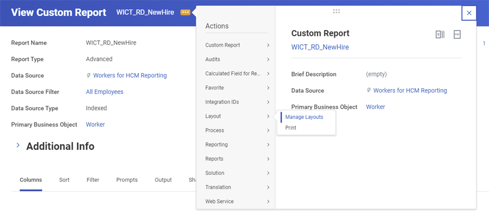 Screenshot of the Wict_RD_NewHire report, with the Layout > Manage Layouts option selected from the Related Actions.