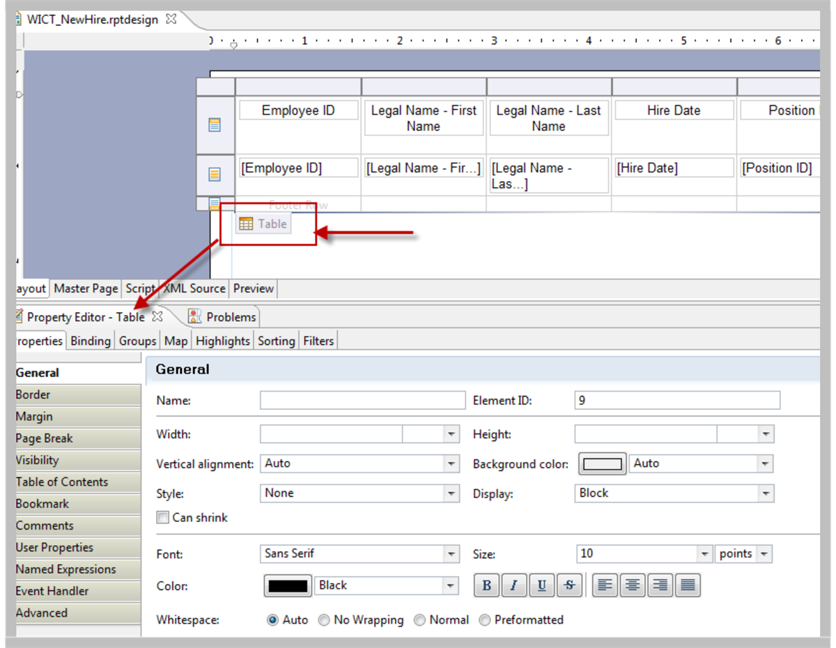 Screenshot of the Property Editor - Table view, as described in the preceding text.