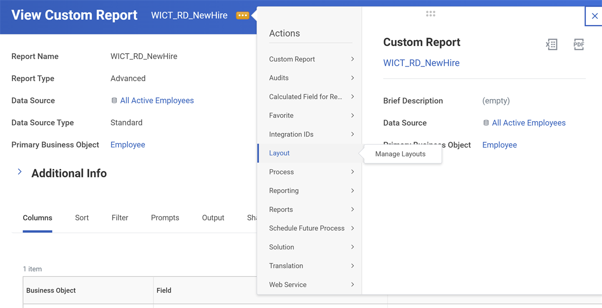 The Related Actions off the WICT_RD_NewHire report with Layout > Manage Layouts selected.