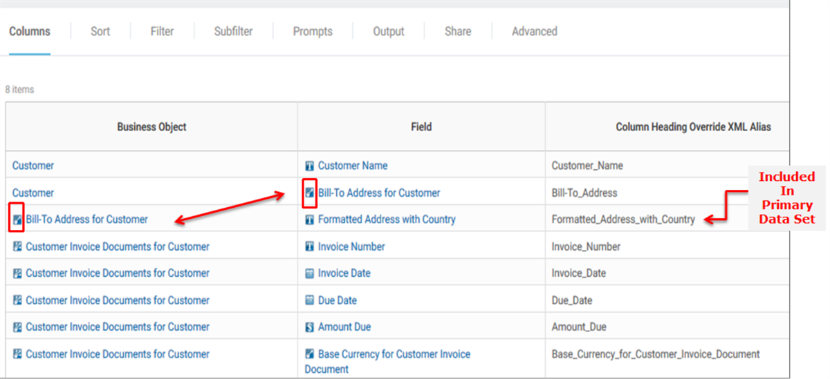 Report columns displaying both a business object and field titled Bill-To Address for Customer.
