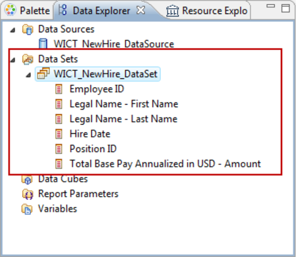 Screenshot of the Data Explorer view containing the new dataset and the data fields it contains.