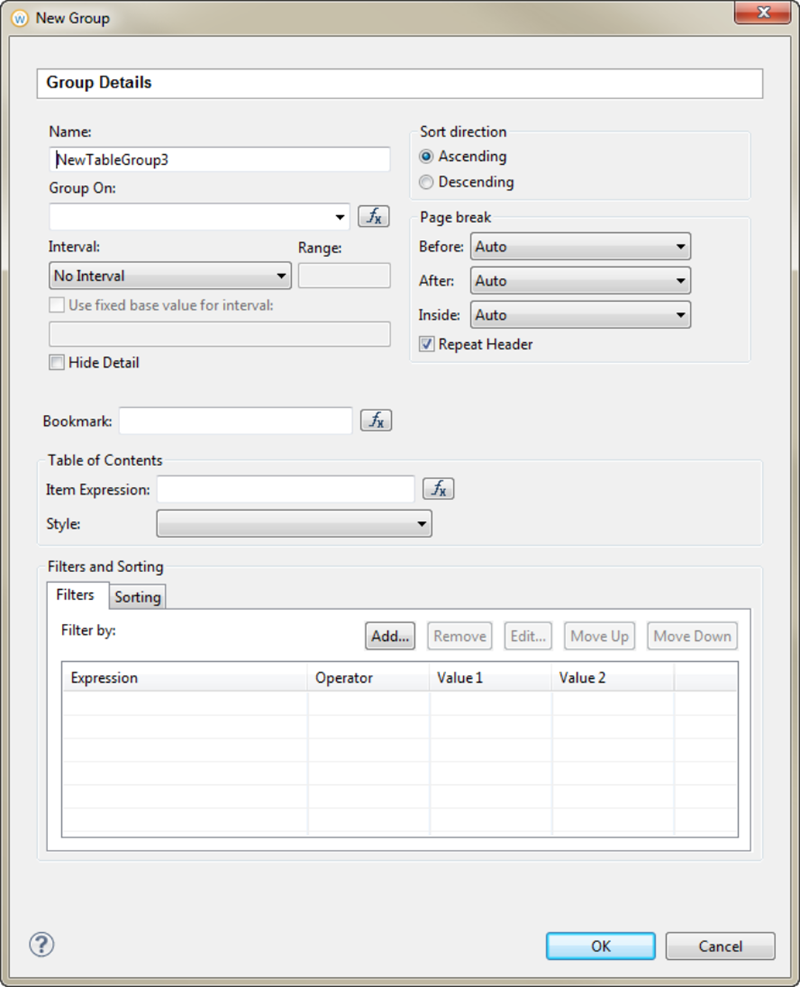 The New Group window where you can enter details for the new group, such as name, filters, and sorting.