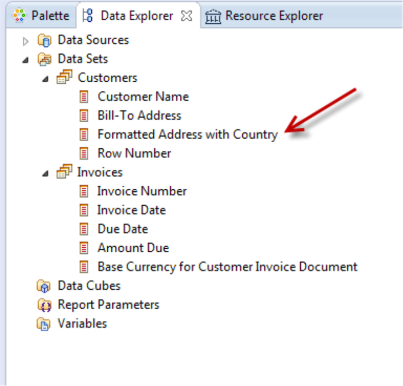 Data Explorer displaying the Customer Dataset with the Formatted Address With Country node highlighted.
