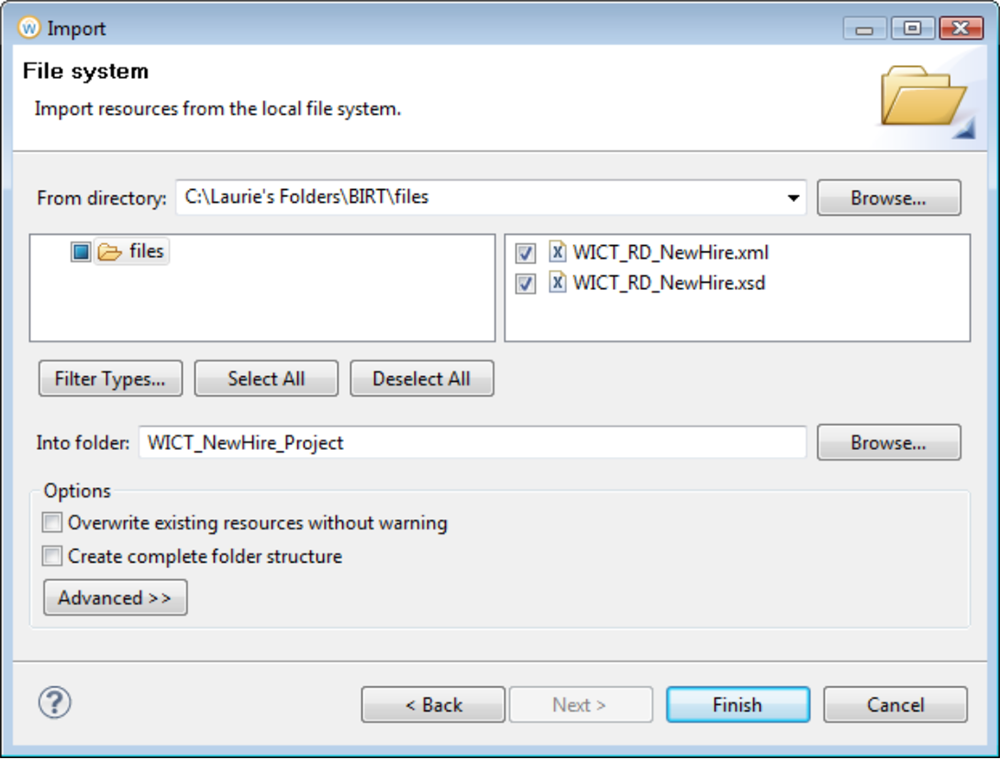 The Import window with a directory selected and available files displayed within.