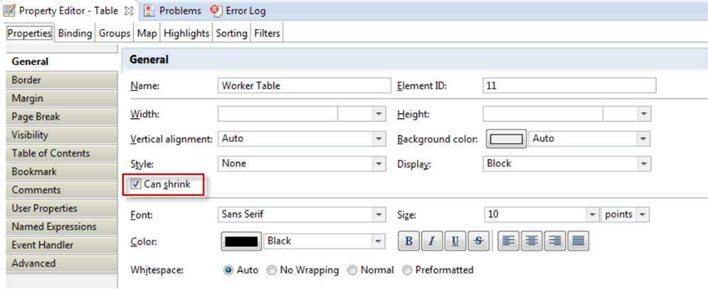 The Can shrink checkbox on the Properties > General tab.