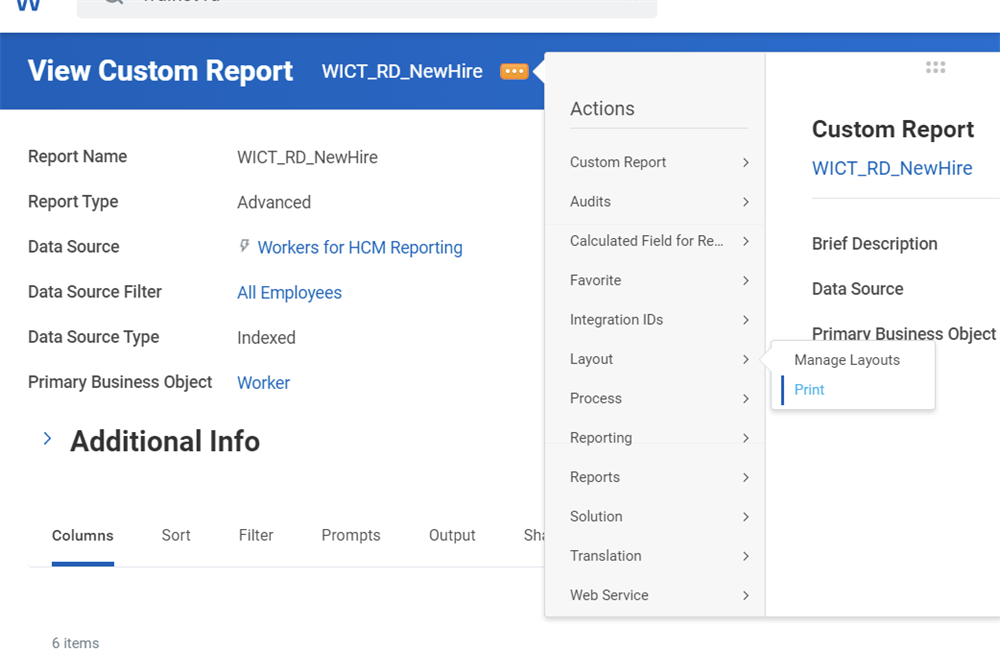 Screenshot of the Wict_RD_NewHire report, with the Layout > Print option selected from the Related Actions.