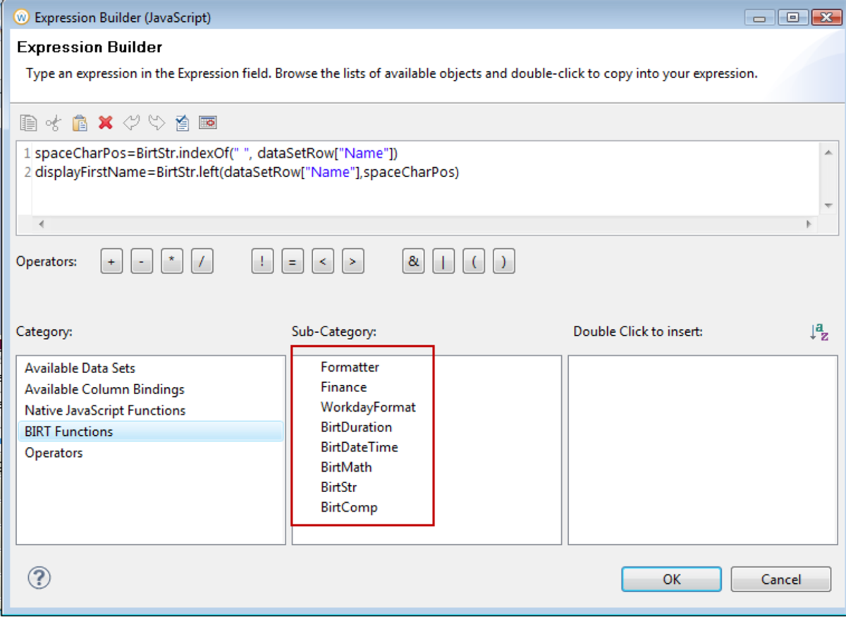 Expression Builder window with the BIRT Functions category selected, and sub-category options, such as Formatter, Finance, and WorkdayFormat, displayed.