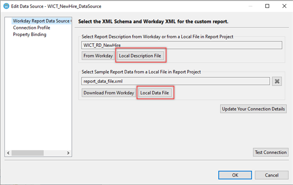 The Edit Data Source window with the Local Description File and Local Data File options highlighted.