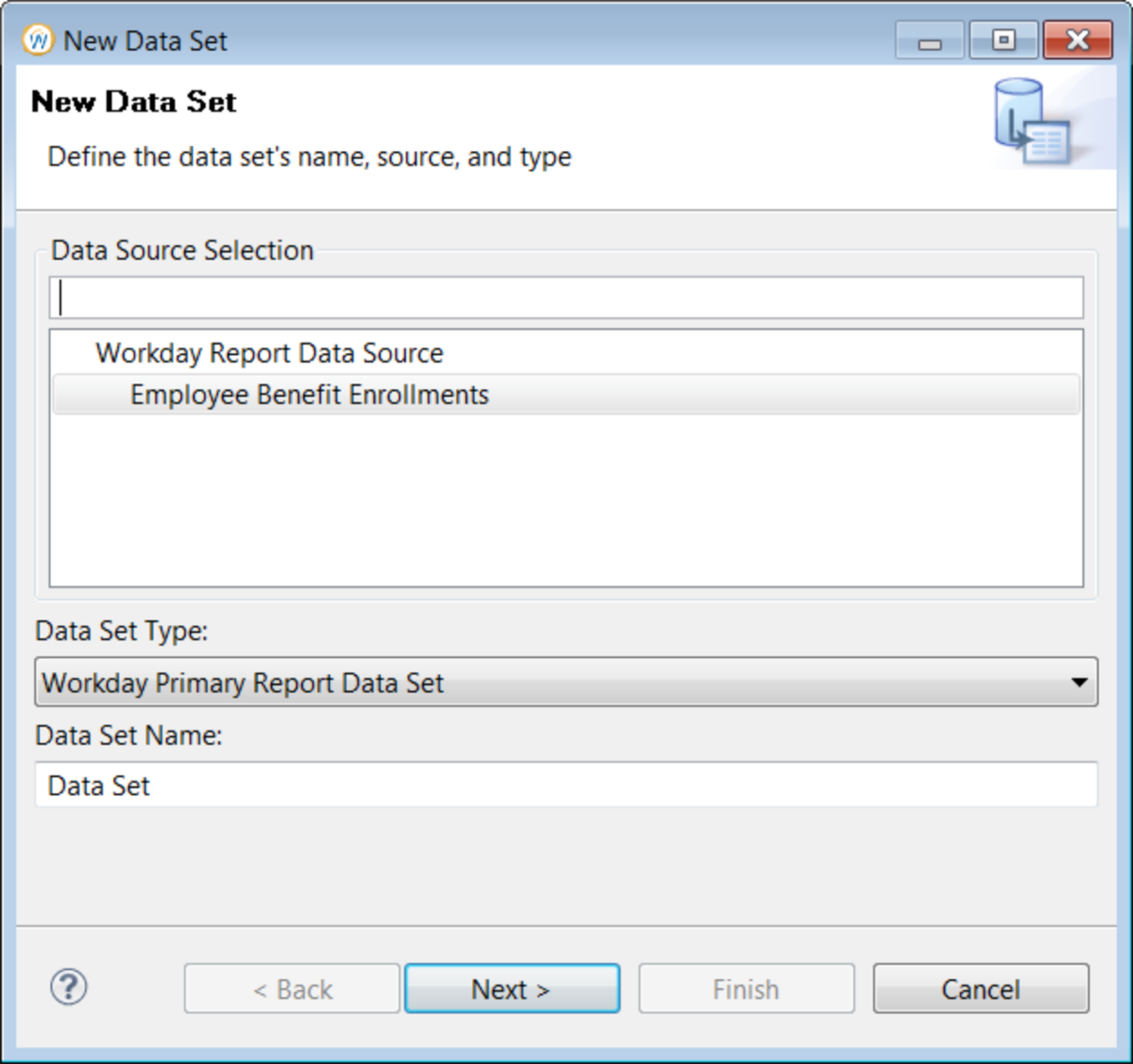 The New Data Set window with the Workday Primary Report Data Set type selected.