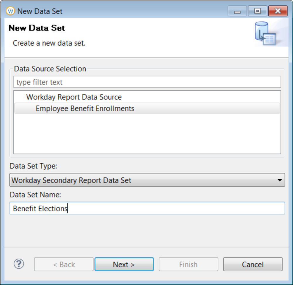 The New Data Set window with the Workday Secondary Report Data Set type selected and named benefit Elections.