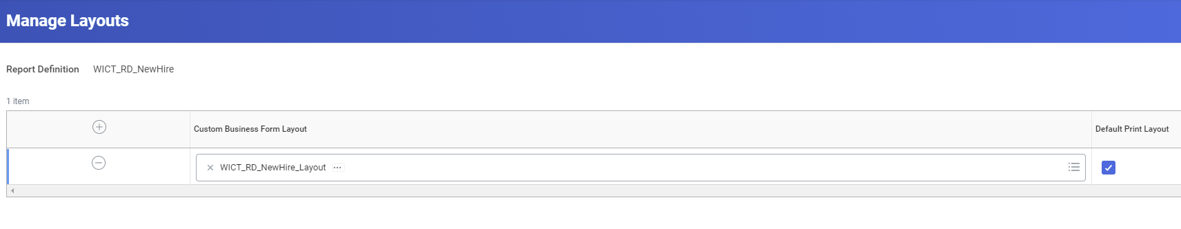 Screenshot of the Manage Layouts page, with the Custom Business Form Layout selected.
