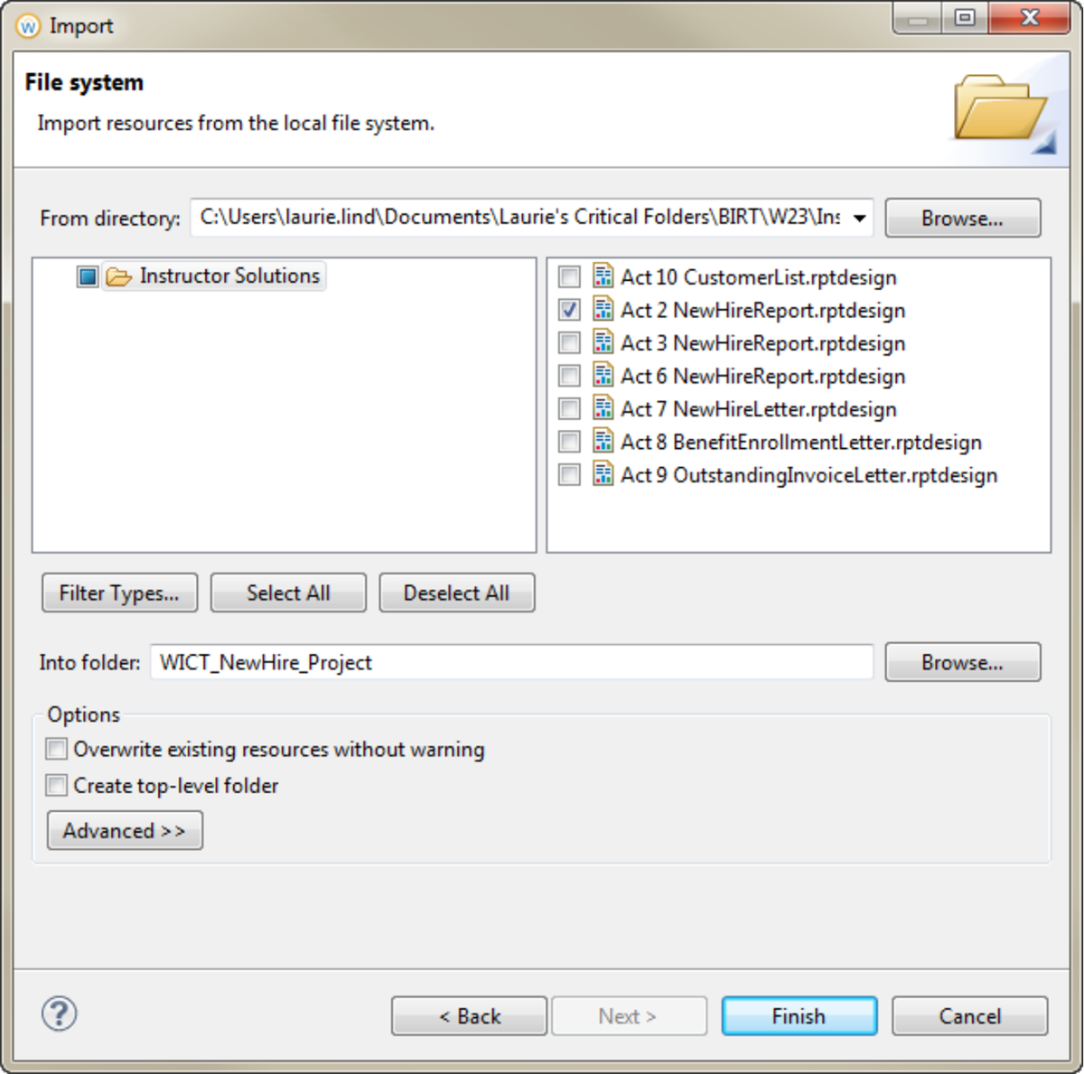 Import window with a file directory selected and available design files in the folder displayed.