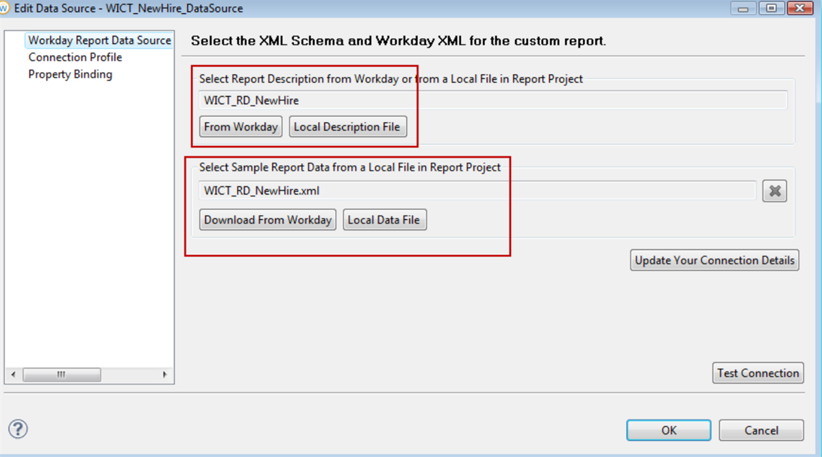 Screenshot of the Edit Data Source window, prompting the user to select the XML schema and Workday XML for the custom report.