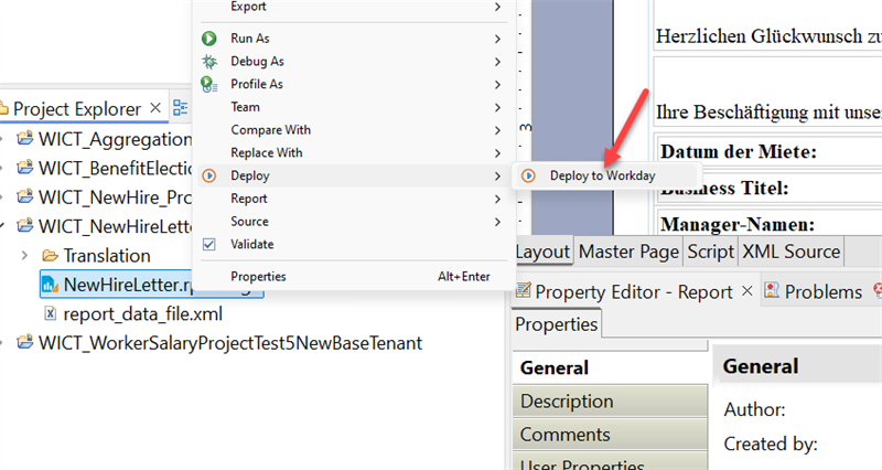 Screenshot of the menu option Deploy > Deploy to Workday.