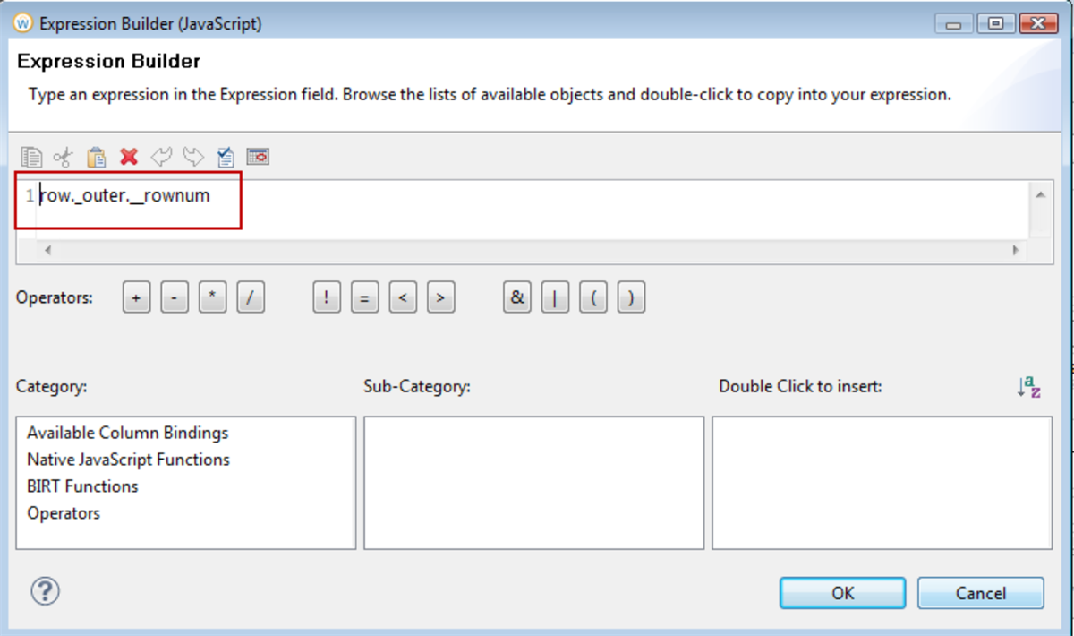 Expression builder window with the following expression entered: row_outer_rowrum.