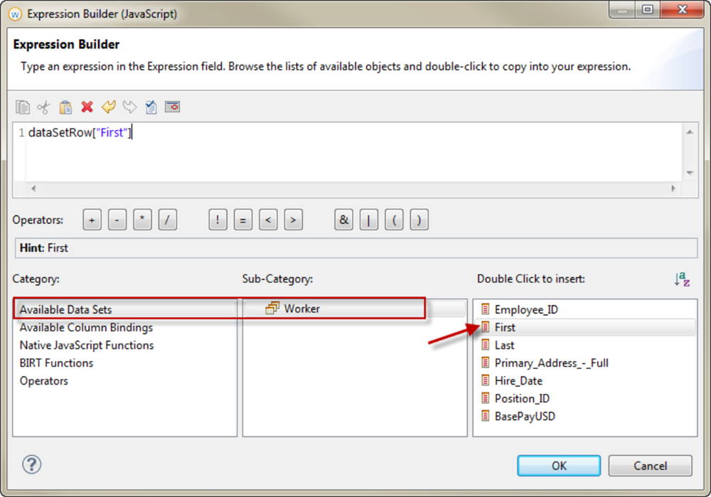 Screenshot of the Expression Builder. The image highlights the category titled Available Data Sets, the sub-category of Worker, and the field titled "First".