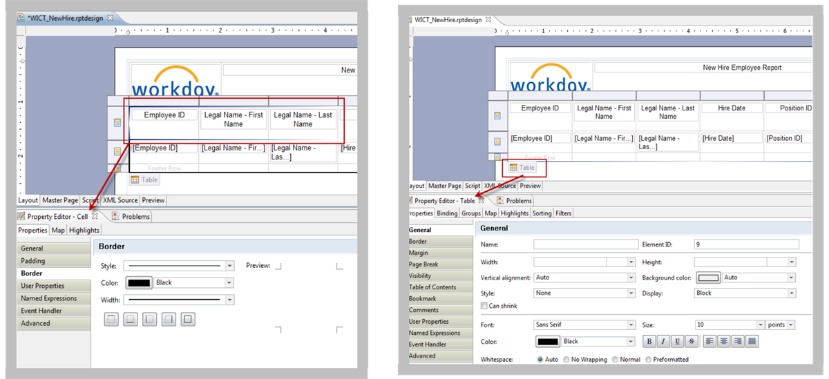 Screenshots of the Property Editor - Table and Property Editor - Cell views. These views enable changing the border style, color, and width.