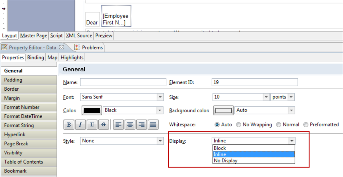 The General tab of the Property Editor with the "inline" display option selected.