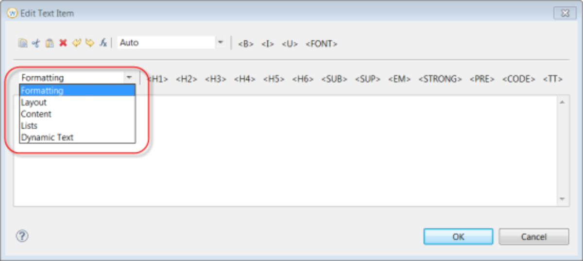 The Edit Text Item window with the options of Formatting, Layout, Content, Lists, and Dynamic Text displayed.