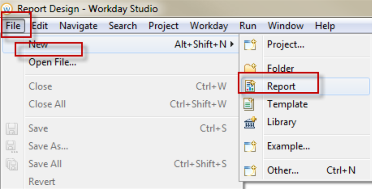 Screenshot of the File > New > Report menu option.