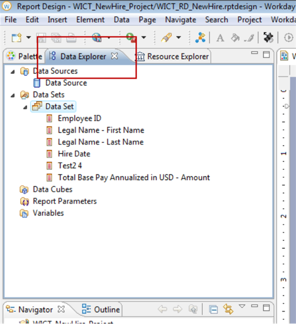 Screenshot of the Report Designer's Data Explorer tab.