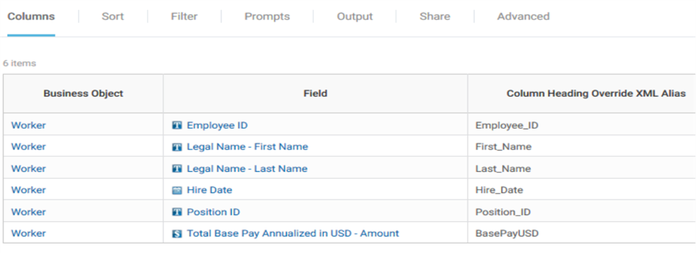 Screenshot of Report Designer, displaying the structure of a report's data, as described in the preceding text.