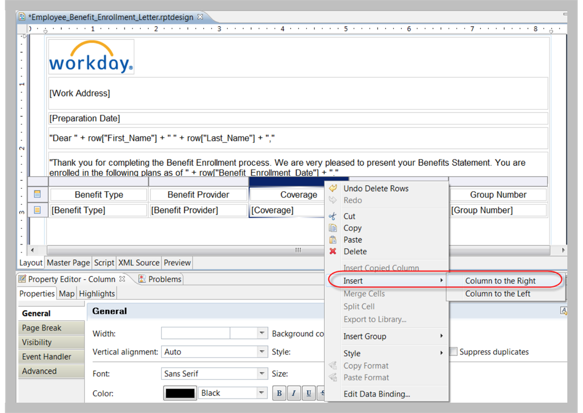 The Insert > Column to the Right option displayed for a table cell.