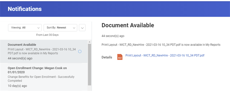 Screenshot of the report PDF notification in the user's Notifications.