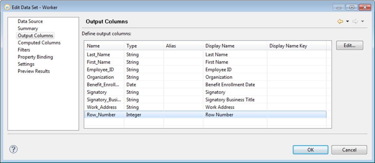 The Edit Data Set - Worker window with the Output Columns section displayed and the Row_Number column highlighted.