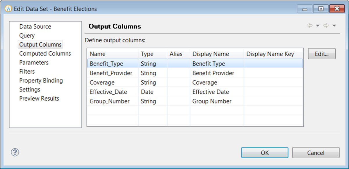 The Edit Data Set window with Output Columns displayed.