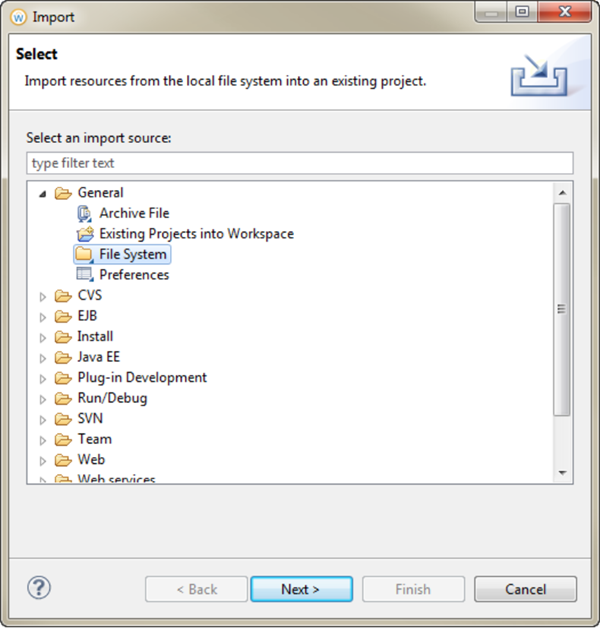 The Import window with the General > File System option displayed.