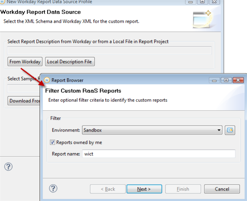 Screenshot of the New Workday Report Data Source Profile window, with the option to choose a Workday report selected.
