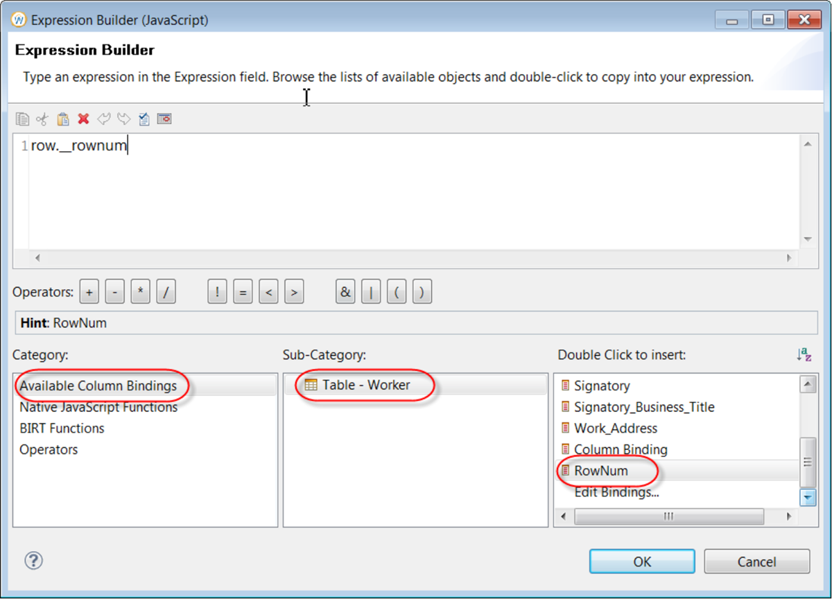 Expression builder with the RowNum expression added.