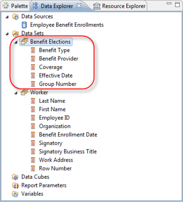 Data Explorer View showing the Benefits Election data set and nodes for the fields in the custom report.