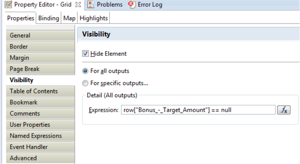 The Visibility section of the Properties tab, displaying the Hide Element checkbox.