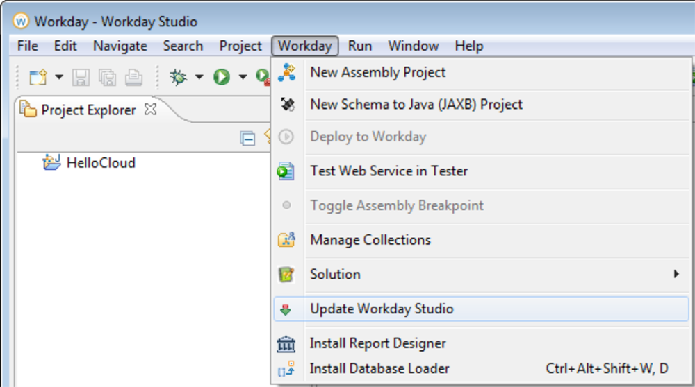 Screenshot of the Workday > Update Workday Studio menu path.