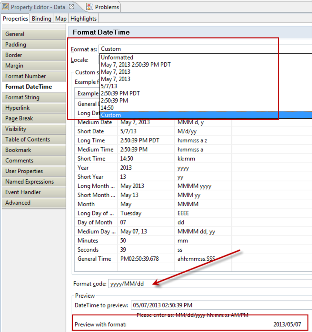 Screenshot of the Format DateTime selection options. The Custom option is selected, and the custom format of yyy/MM/dd displays in the Format code field. A preview of the custom date and time format output displays at the bottom of the screen.