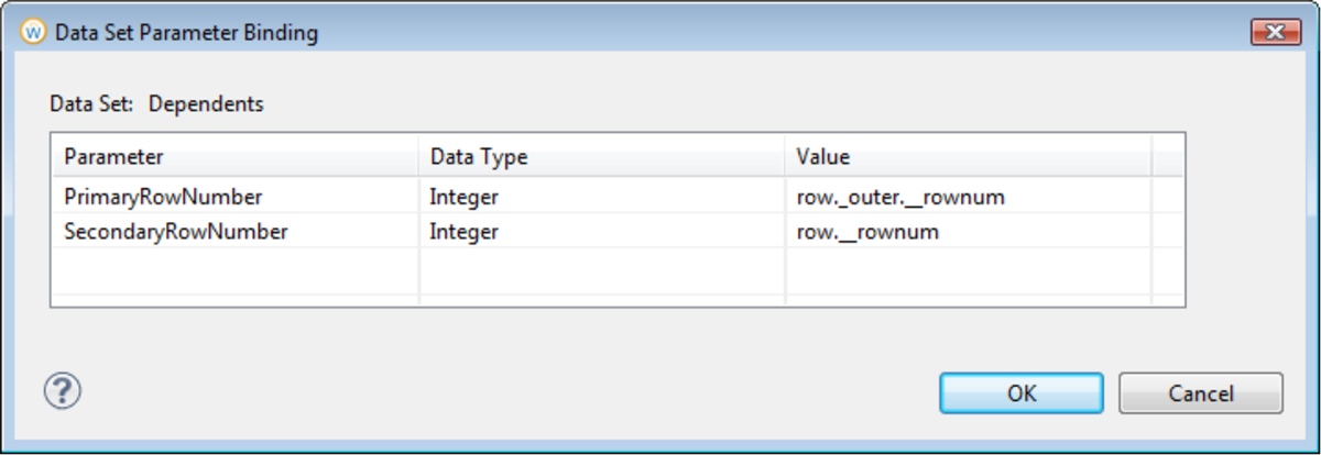 The Data Set Parameter Binding window.