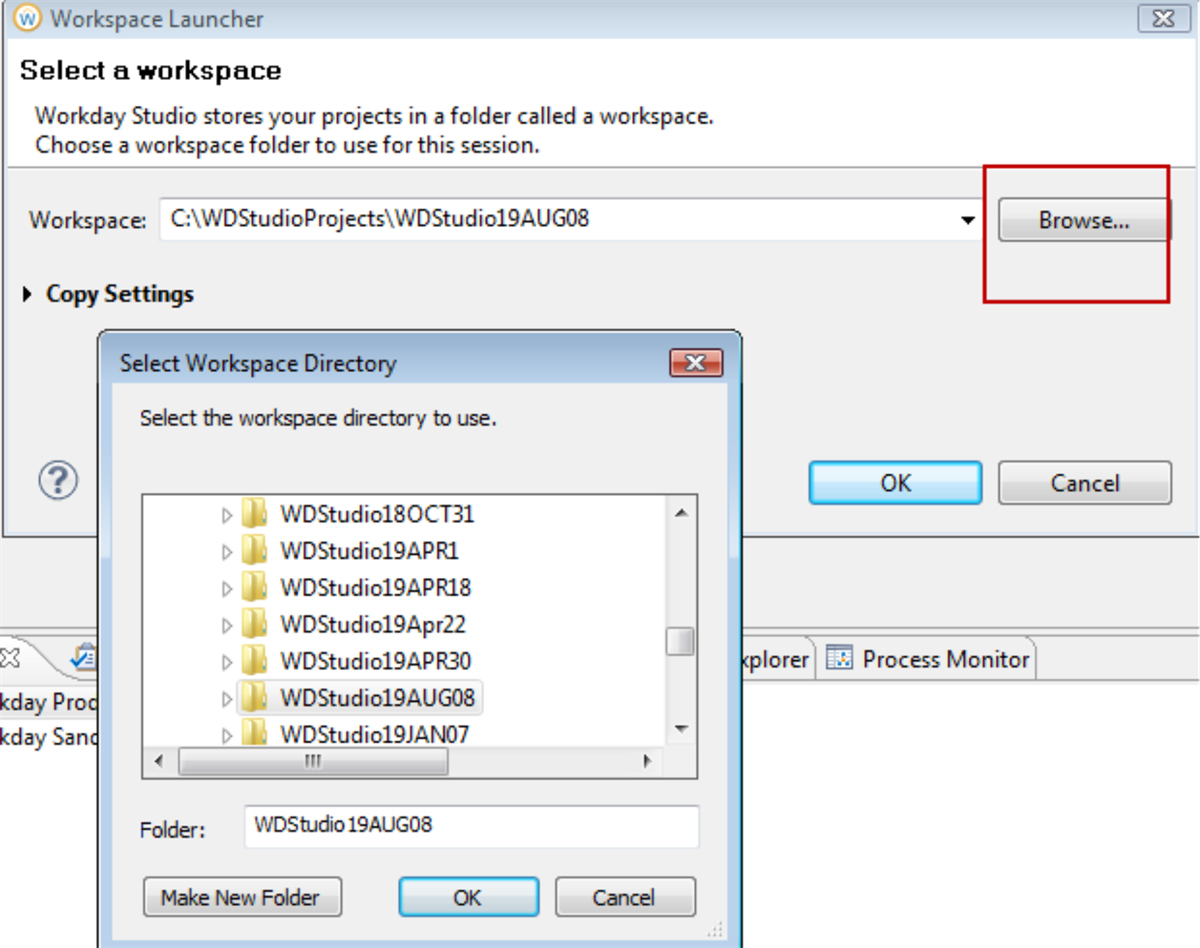 Screenshot of the Workspace Launcher dialog box, as described in the preceding text.