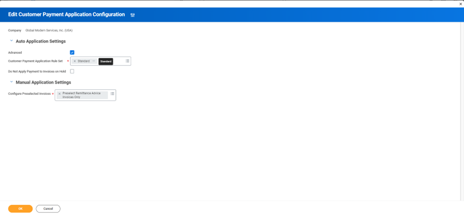 The "Edit Customer Payment Application Configuration" screen shows auto-application rule selections and manual remittance advice configurations.