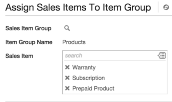 The "Assign Sales Items To Item Group" prompt shows Warranty, Subscription, and Prepaid Product added to the Products group.