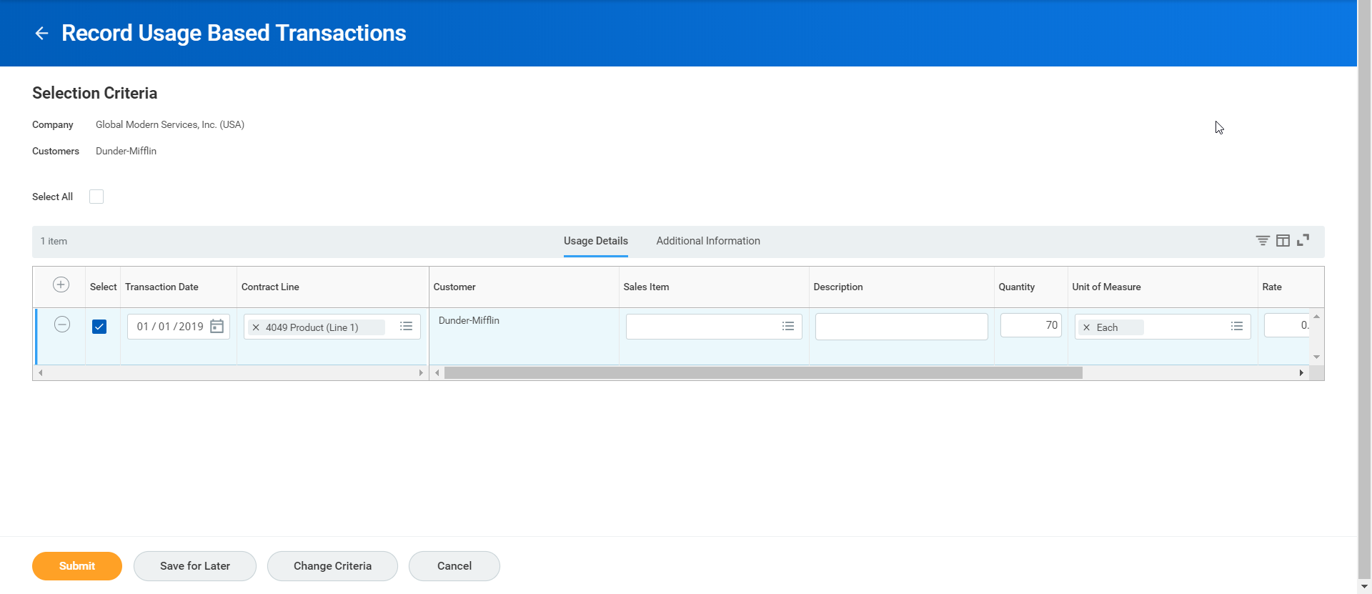 Screenshot of the Record Usage Based Transactions screen shows a selected transaction row.