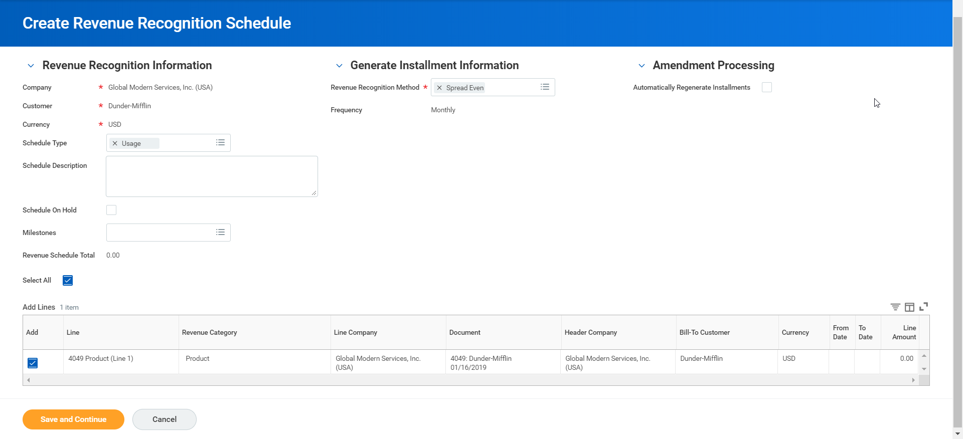 Screenshot of the "Create Revenue Recognition Schedule" page shows configuration options above a table with a selected product line.