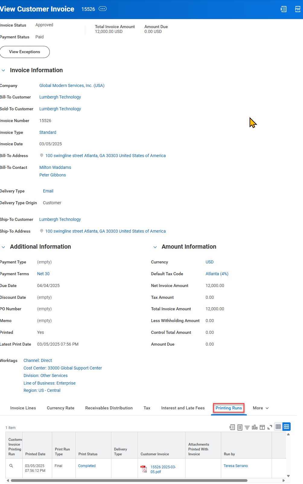 A box highlights the "Printing Runs" tab on a customer invoice page, displaying a table with completed print job history.