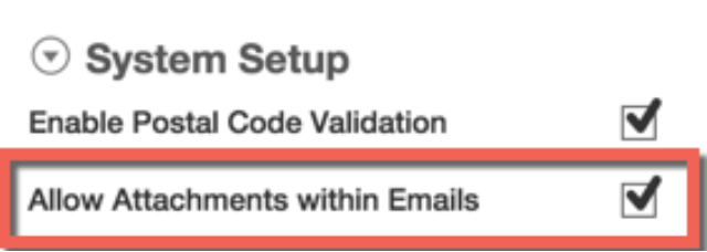 A box highlights the enabled "Allow Attachments within Emails" checkbox under the System Setup configuration section.