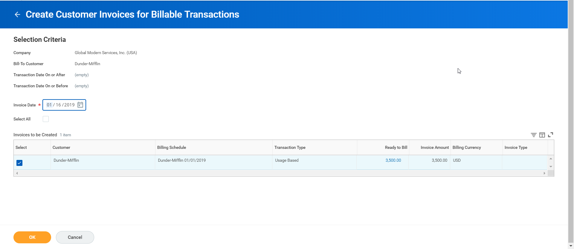 Screenshot of the Create Customer Invoices for Billable Transactions page, showing an invoice date and one row in the Invoices to be Created grid.