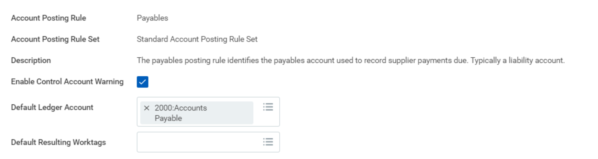 The payables posting rule configuration screen shows the checked control account warning option and the default accounts payable ledger.