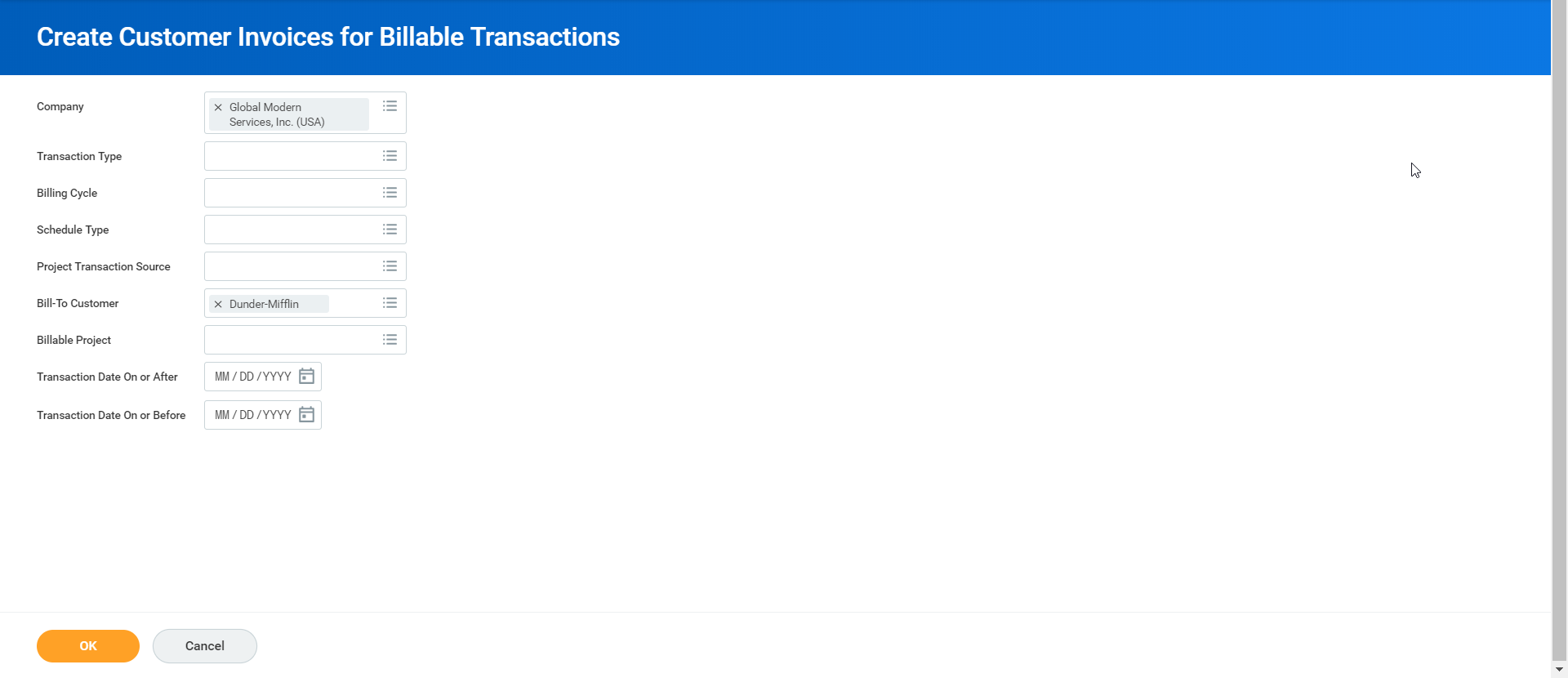 Screenshot of the Create Customer Invoices for Billable Transactions page, showing various prompts including Company and Bill-To Customer.