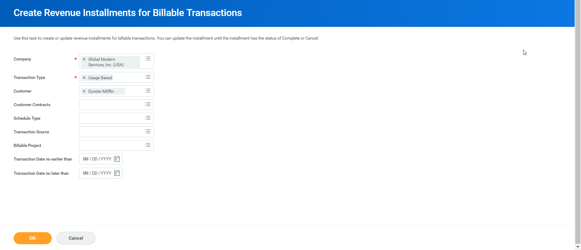 The "Create Revenue Installments for Billable Transactions" page displays entry fields for company, transaction type, and customer details.