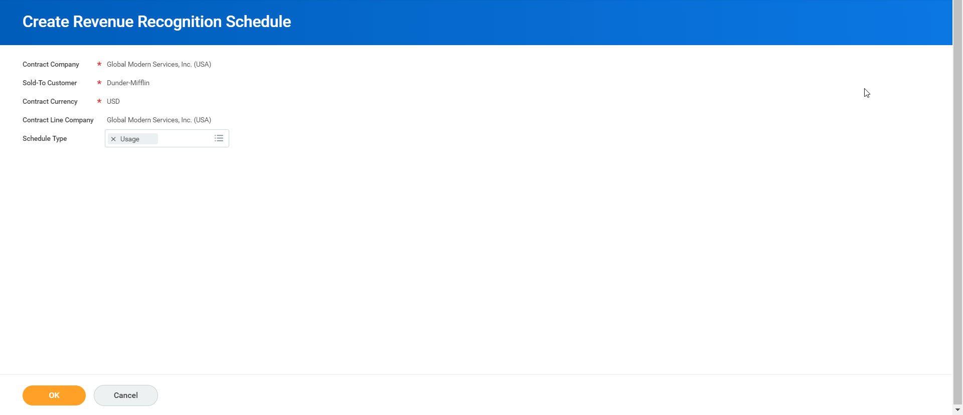 Screenshot of the Create Revenue Recognition Cycle page with the "Usage" Schedule Type selected.